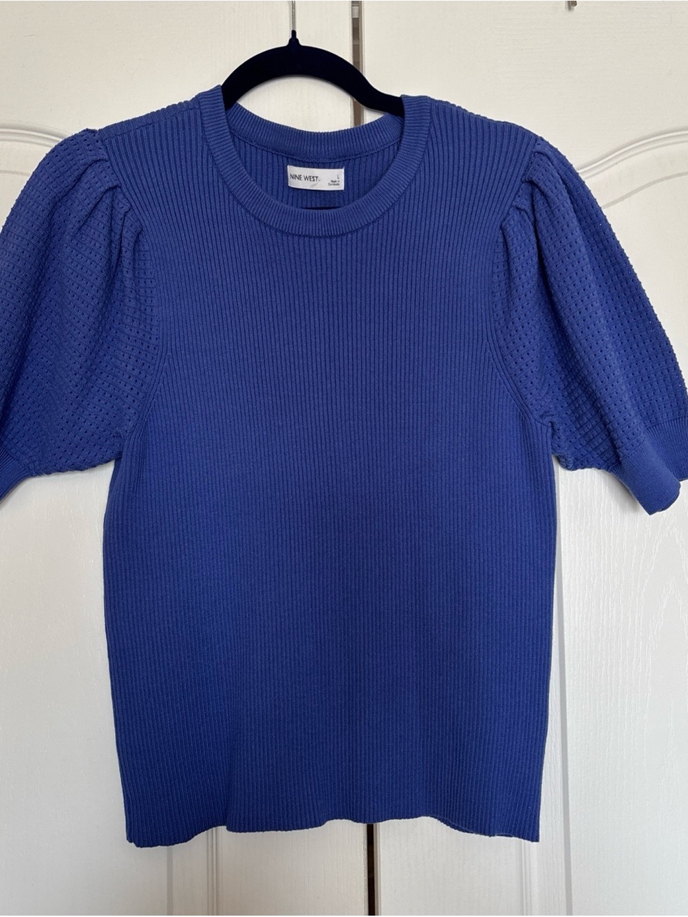 Nine West Cobalt Blue Puff Sleeve Ribbed Knit Top